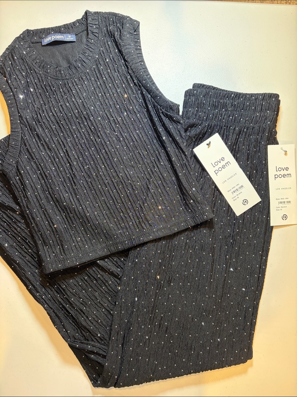 LA Boutique - Black Rhinestone Black Ribbed Pant Set - Medium